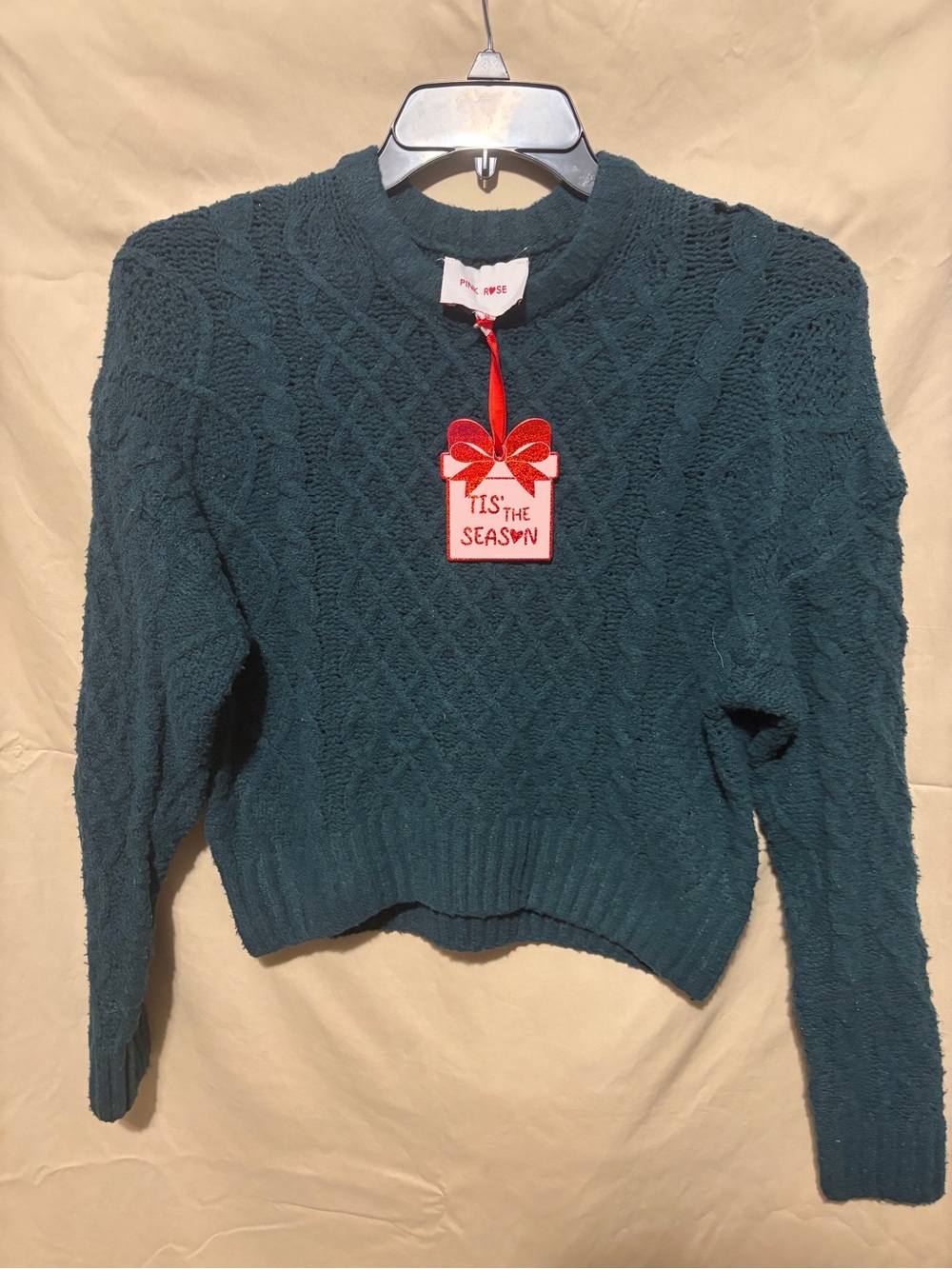 Pink Rose Teal Cable Knit Crew Sweater